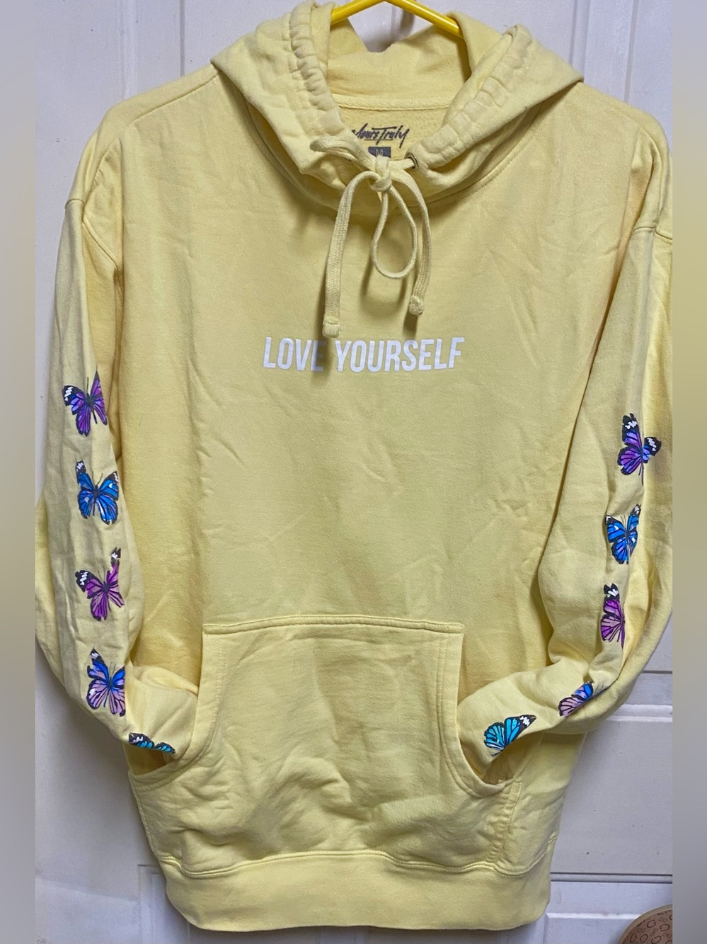 Yours Truly “Love Yourself” Butterfly Hoodie Yellow Pullover Sweatshirt Medium
